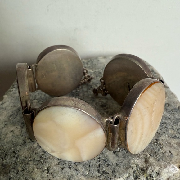 Vintage Mother of Pearl and Sterling Panel Statement Bracelet - Picture 6 of 15